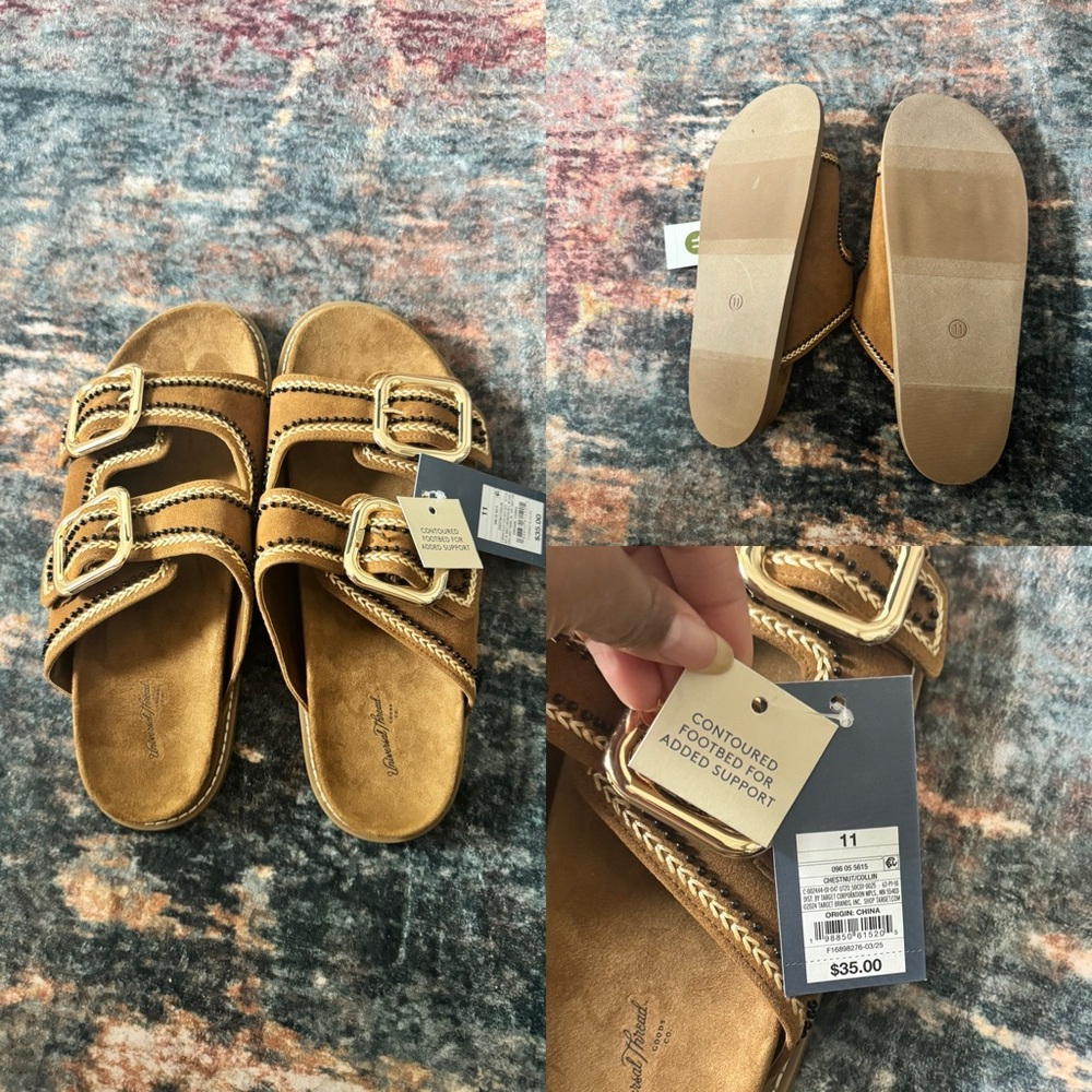 Universal Thread Double Buckle Slide Sandals in Tan with Gold Buckles 11 NWT